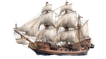 wooden pirate sailing ship with sails, isolated on white background