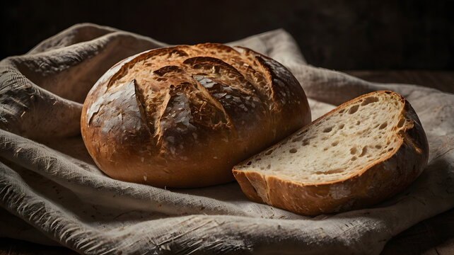 Fresh artisan bread on rustic cloth
