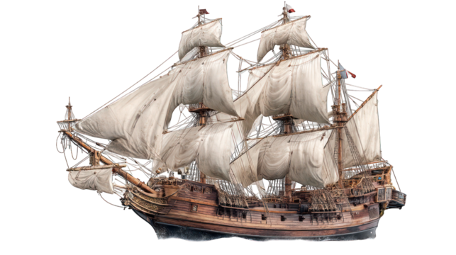 wooden pirate sailing ship with sails, isolated on white background