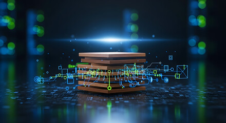 Cutting-edge microchip technology connecting in a dynamic network, revolutionizing data processing and driving innovation in the digital age with stunning visual appeal