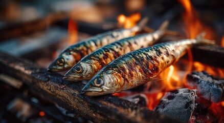 Grilled fish over campfire
