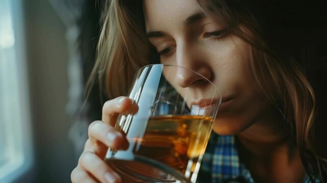 A woman enjoying a drink, perhaps in a bar or at home.