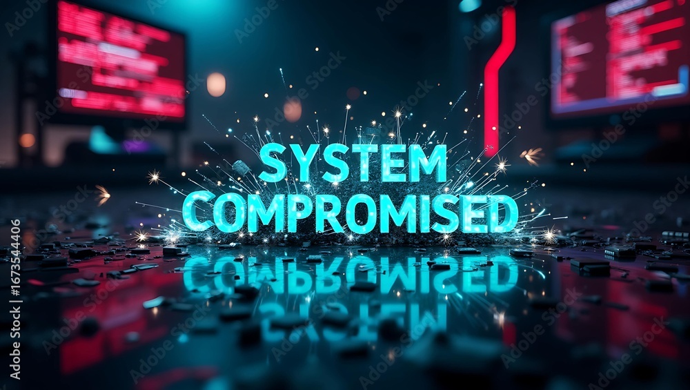 Poster a striking visual representation of a compromised system, featuring blue illuminated text exploding 