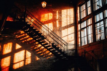 Sunlit industrial interior with metal staircase