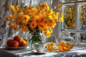Sunlit still life of oranges, tea, and yellow flowers
