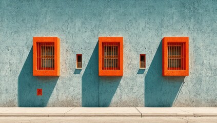 Light-blue stucco wall with orange windows