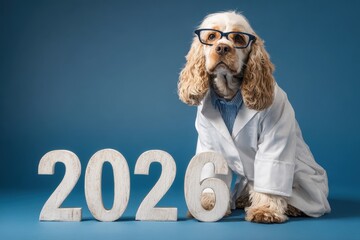 A cheerful dog in glasses and a lab coat sits confidently by the year 2026, radiating joy as the New Year approaches during the Christmas season