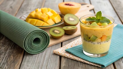 Fresh tropical smoothie bursting with fruits and served on a wooden table next to yoga mat