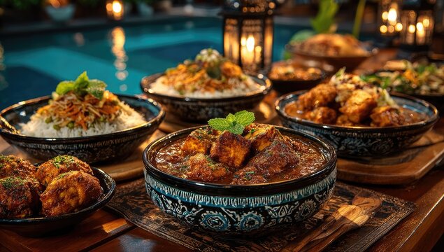 Diverse Asian dishes, bowls, poolside