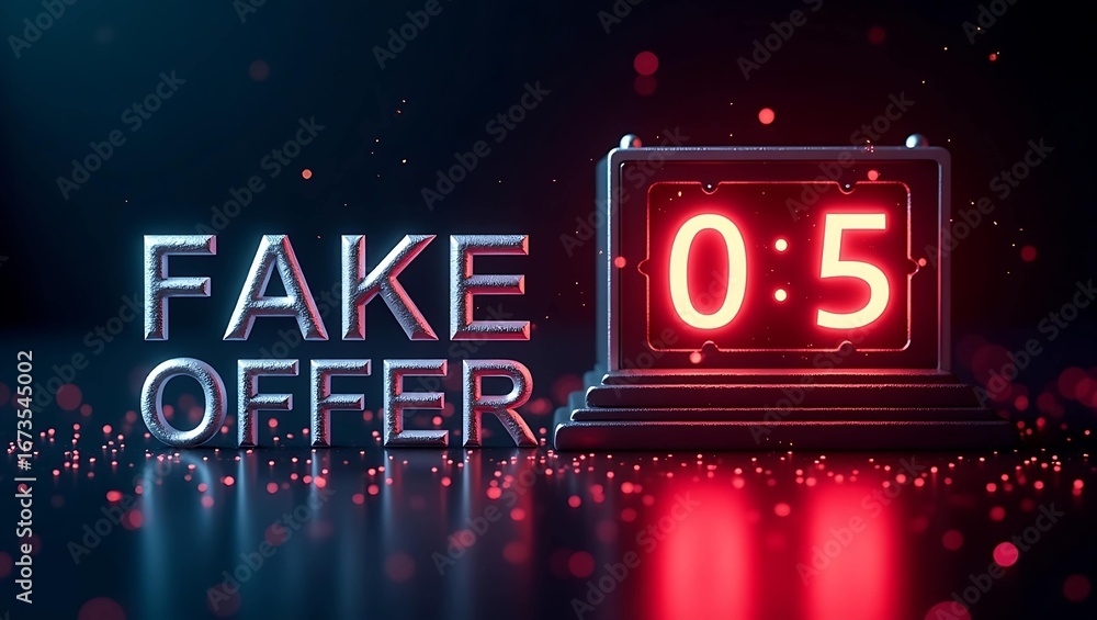 Poster digital illustration of a countdown timer with the text 'fake offer', featuring a modern, sleek desi