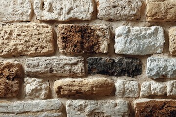 Irregularly shaped stones, varying colors, beige, brown, and white, create a textured wall