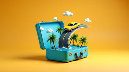 Escape to paradise with this vibrant travel concept of a suitcase opening up to a tropical beach road trip adventure that inspires wanderlust