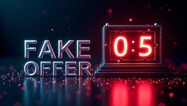 Digital illustration of a countdown timer with the text 'FAKE OFFER', featuring a modern, sleek design and a dramatic color scheme.
