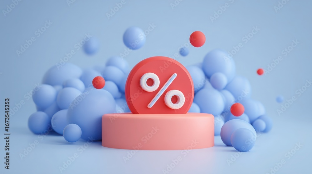Poster red percentage sign surrounded by blue spheres representing interest rate adjustments in a minimalis