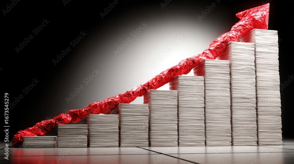 Aufkleber stack of papers with a red arrow indicating direction and trends in interest rate curve dashboard an
