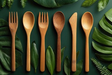 Wooden utensils arranged with green leaves on dark background