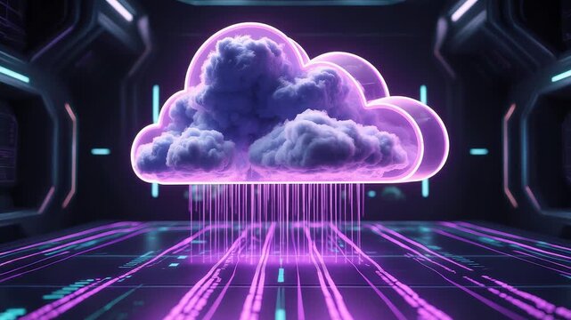 Digital neon cloud emitting glowing streams of purple data inside advanced server room with cyber grid floor and futuristic network concept