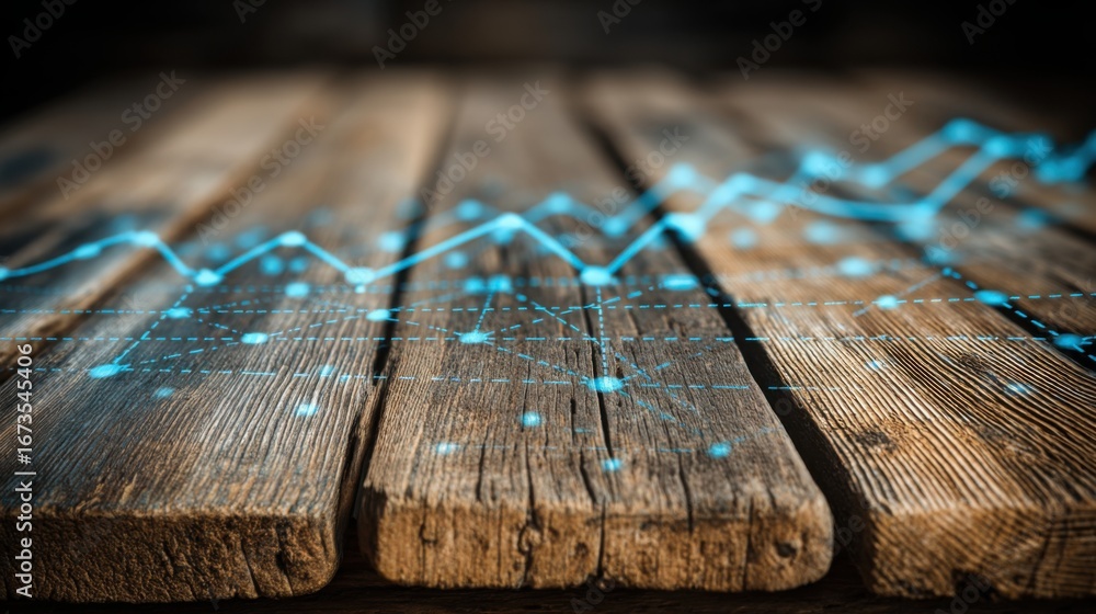 Poster wooden table featuring a blue line of lines depicting interest rate forecast in an elegant and profe