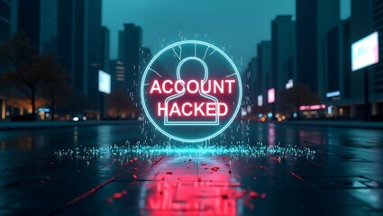 Futuristic depiction of an 'Account Hacked' warning in a cityscape, glowing blue and red, symbolizing cyber threats.