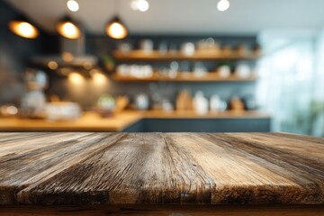 Rustic wooden table in blurred kitchen setting (2)