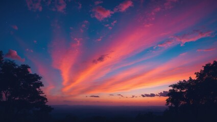 Beautiful sunset sky with vibrant pink and purple clouds over silhouetted trees at dusk.