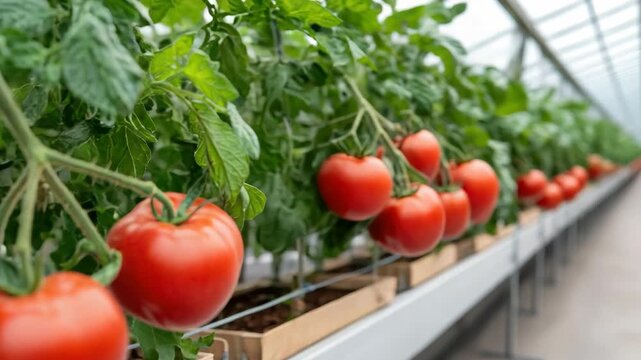 Vibrant Red Tomatoes Thrive Organic Greenhouse Agriculture, Showcasing Lush Green Plants
