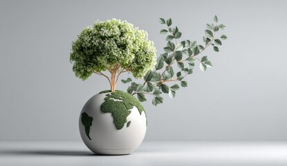 Earth-shaped pot holding a small tree, with branches extending