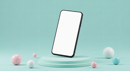 Smartphone on mint green display stand with pastel spheres