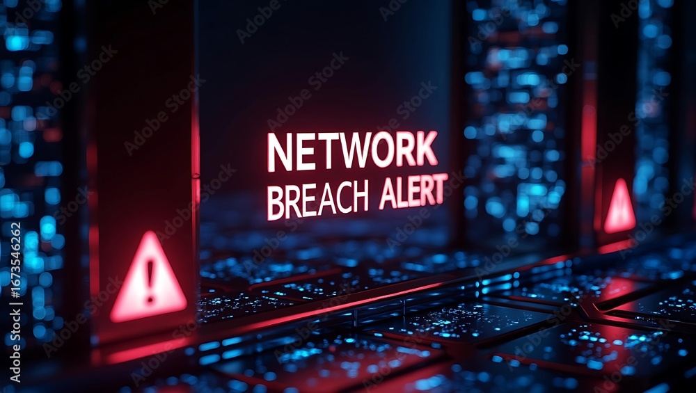 Poster a digital interface displays a 'network breach alert' in glowing red amidst cyber grid patterns, emp