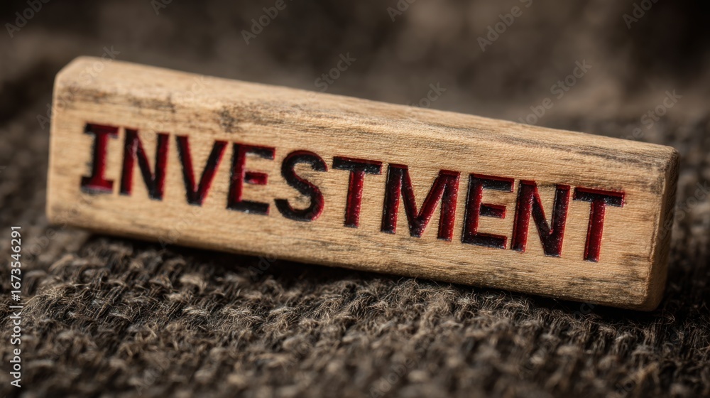 Poster wooden block with the word investment engraved on it representing financial strategy overview and gr