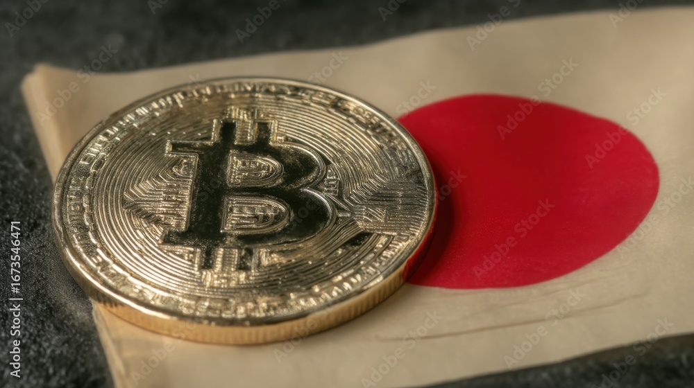 Poster a bitcoin resting on a piece of paper representing japan's bitcoin integration into global payment s