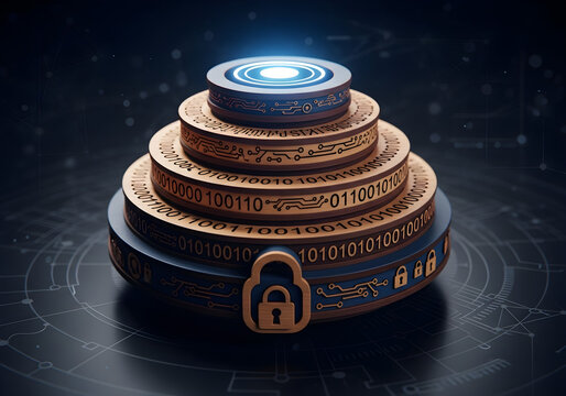 Dynamic tiered security system with glowing technology, representing cybersecurity protection and data encryption, perfect for tech companies and digital safety campaigns