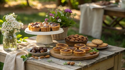 Fototapeta premium Delicious briouats with dates and almonds arranged beautifully for an outdoor gathering