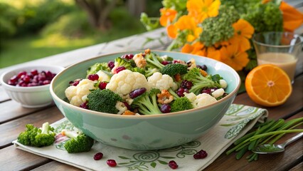 Fresh broccoli and cauliflower salad with cranberries served outdoors in a vibrant setting