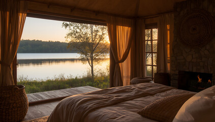 A cozy, rustic bedroom with warm, earthy tones, featuring a plush, wooden bedframe adorned with soft, white linens, and a view of a serene lake through a large, wooden-framed window with gentle