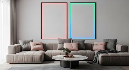Spacious Living Room with Sectional Sofa and Vertical Neon Frames interior couch