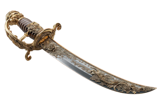 curved pirate cutlass sword with golden handle, isolated on white background