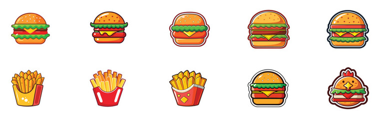 Cute Burger and French Fries Vector Icons – Fast Food Cartoon Stickers Pack