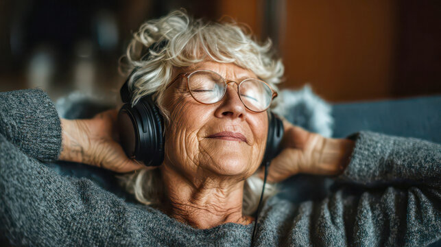 Elderly woman relaxing on sofa listening to music with headphones
