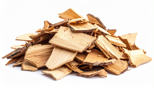 Pile of natural wood chips isolated on white background. Natural material. Close-up.