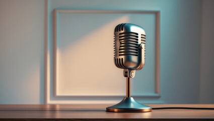 Vintage microphone on a wooden surface with a blank background, studio setting.