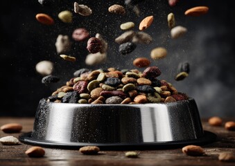 Pet food in a bowl, flying pieces