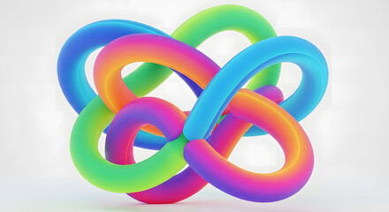 3D graphic design with curved and interlocking plastic or rubber ribbons, colored with bright gradients, creating a strong visual focus