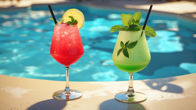 Two colorful cocktails with straws and garnishes enjoying by the poolside. Refreshing beverages in vibrant colors. Summer drinks and poolside leisure.