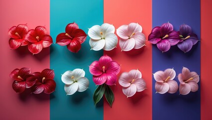 Colorful flowers arranged on vibrant striped backgrounds.