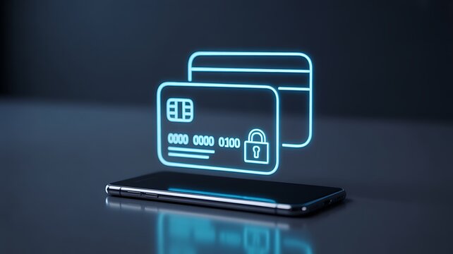 Digital payment and mobile banking with glowing credit cards and smartphone