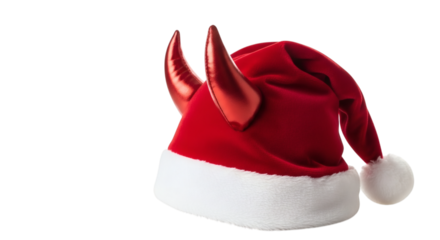 Red santa hat with devil horns isolated on a plain black background