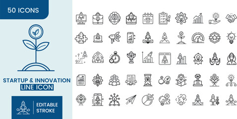 Business Startup and Innovation Line Art Icons &ndash; Minimal Vector Icon Pack for Technology and Growth