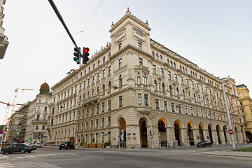 Fototapeta premium street in Vienna with old architecture. House at the crossroads of the streets