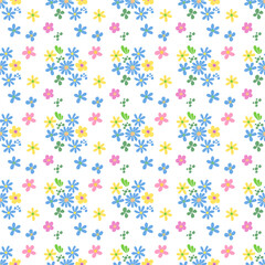 Seamless pattern minimalist repeating background with blue flowers. Fabric wallpaper print texture. Perfectly for backdrop, wrapped paper, linen.